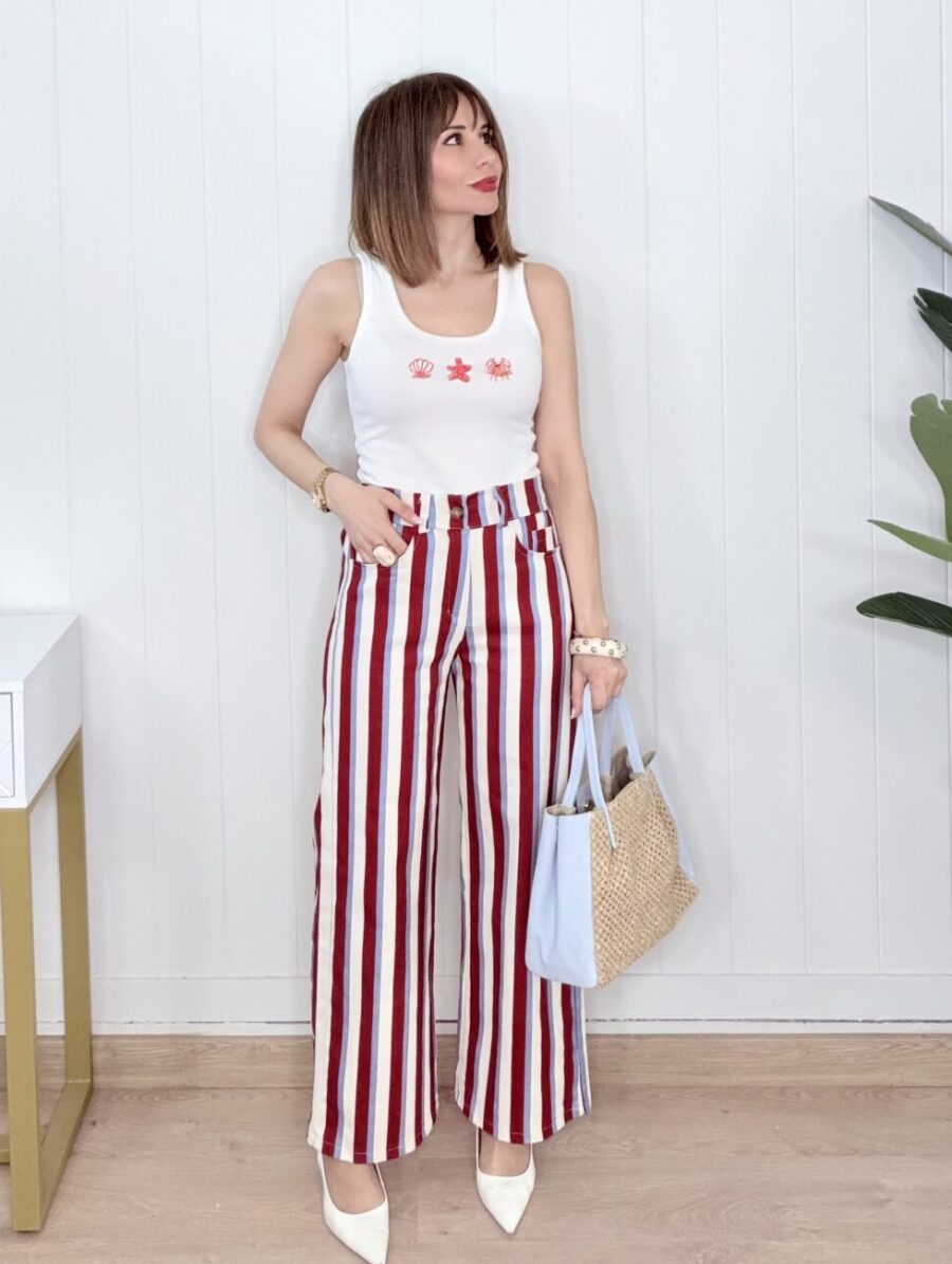 Pantalón TOSCANA Raya Vertical Azul& Cereza